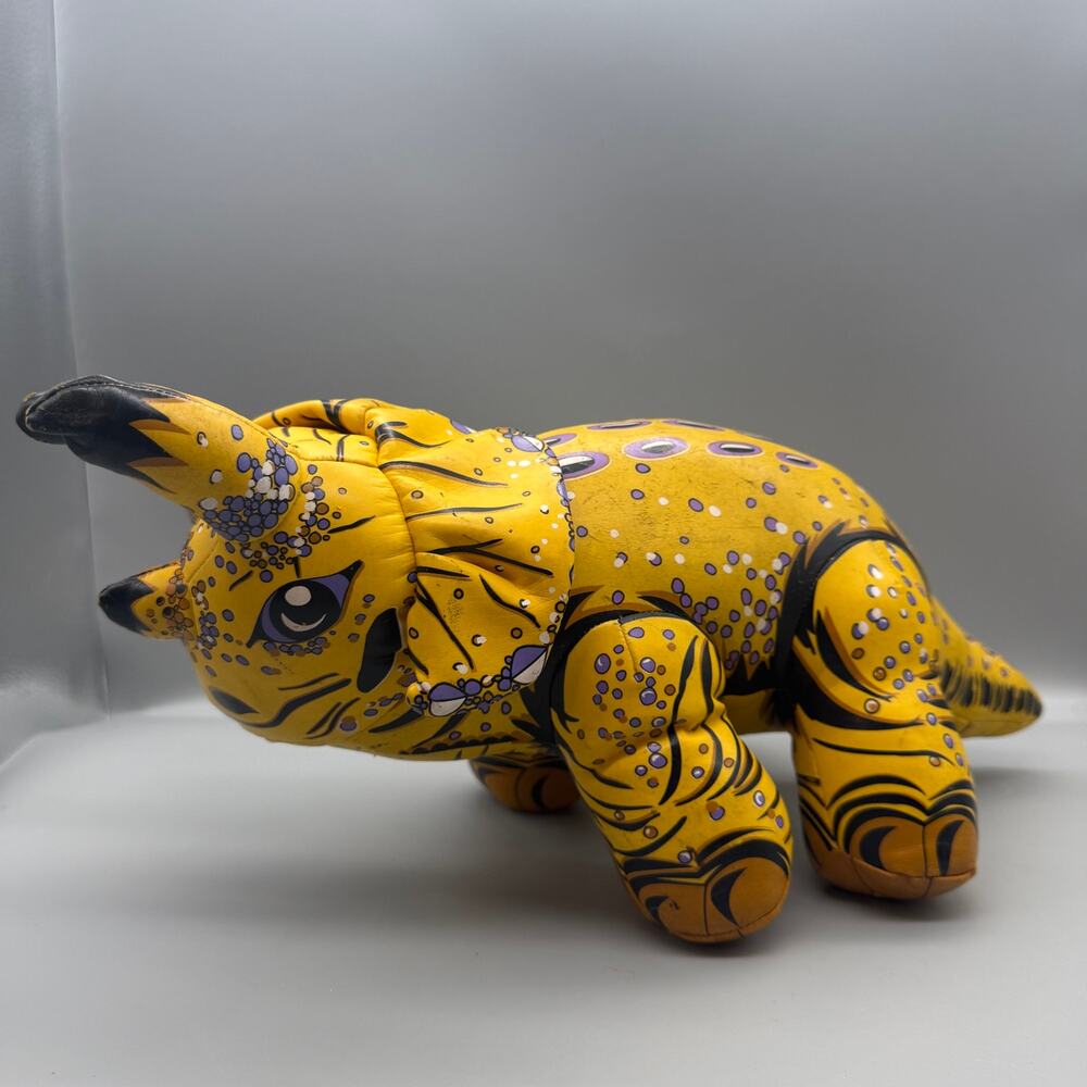 Vintage Vinyl Stuffed Dinosaur Plush Triceratops Yellow 1990s has some tears